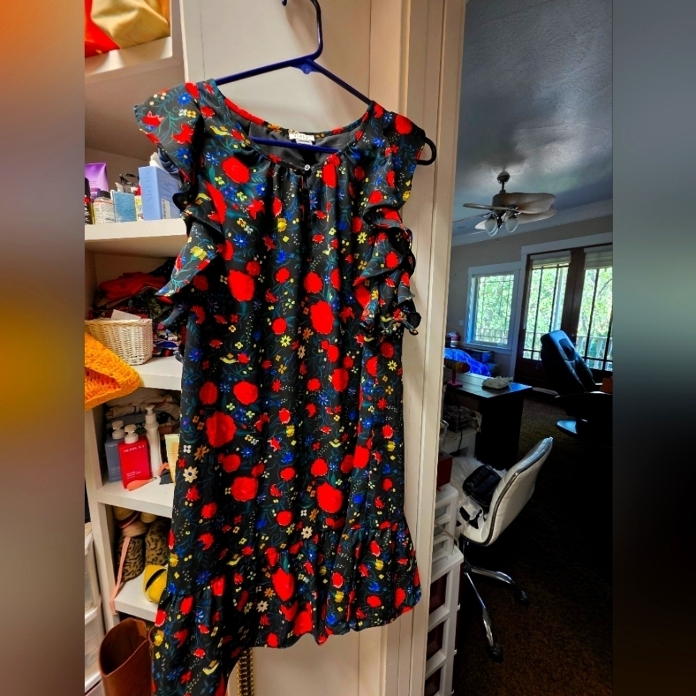 Floral Ruffle Dress with Red and Blue Accents
